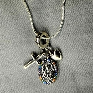 St. Mary Cross Heart Charm Silver Snake Chain Necklace